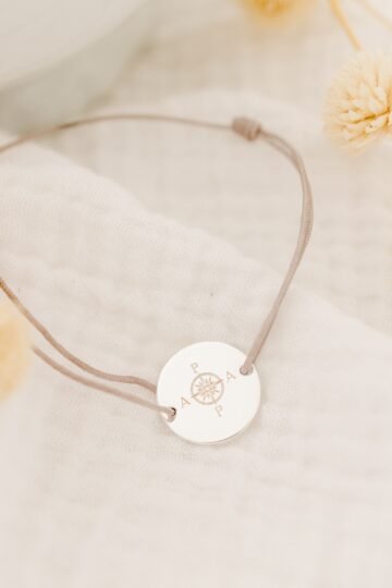 Bracelet personnalisé ajustable disque argent cordon rose des vents MON GUIDE